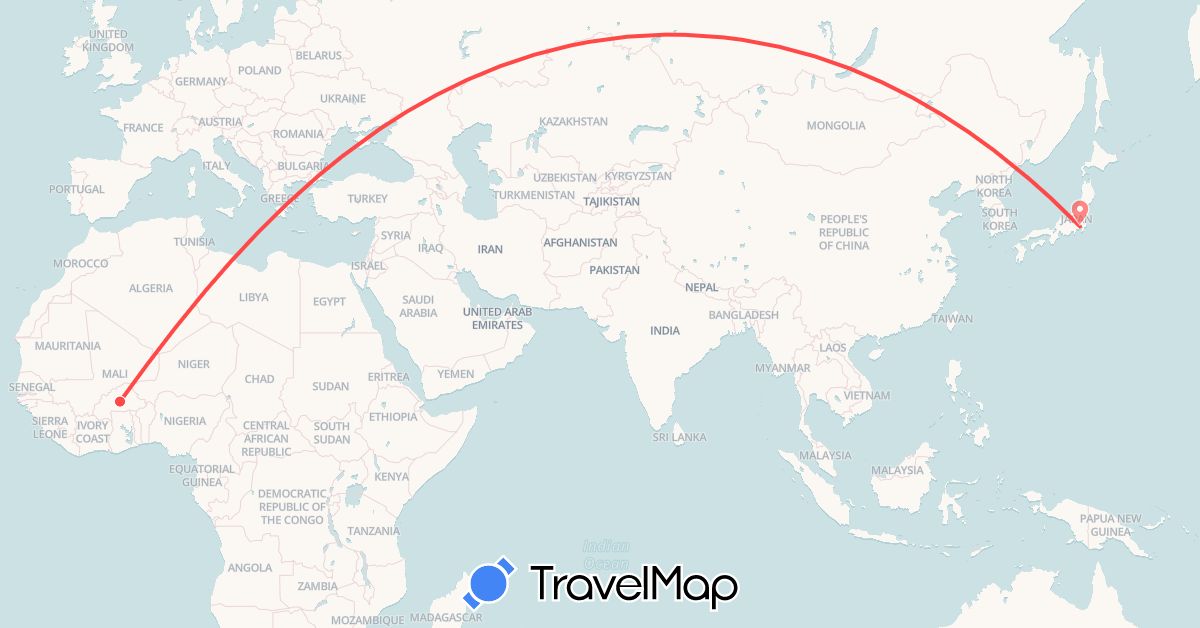 TravelMap itinerary: driving, hiking in Burkina Faso, Japan (Africa, Asia)